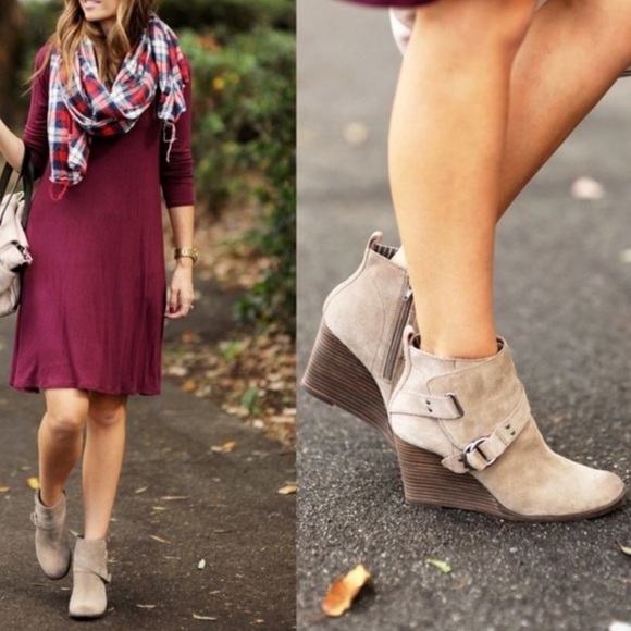 lucky brand yarek taupe tan suede wedge booties with buckle - Picture 2 of 7
